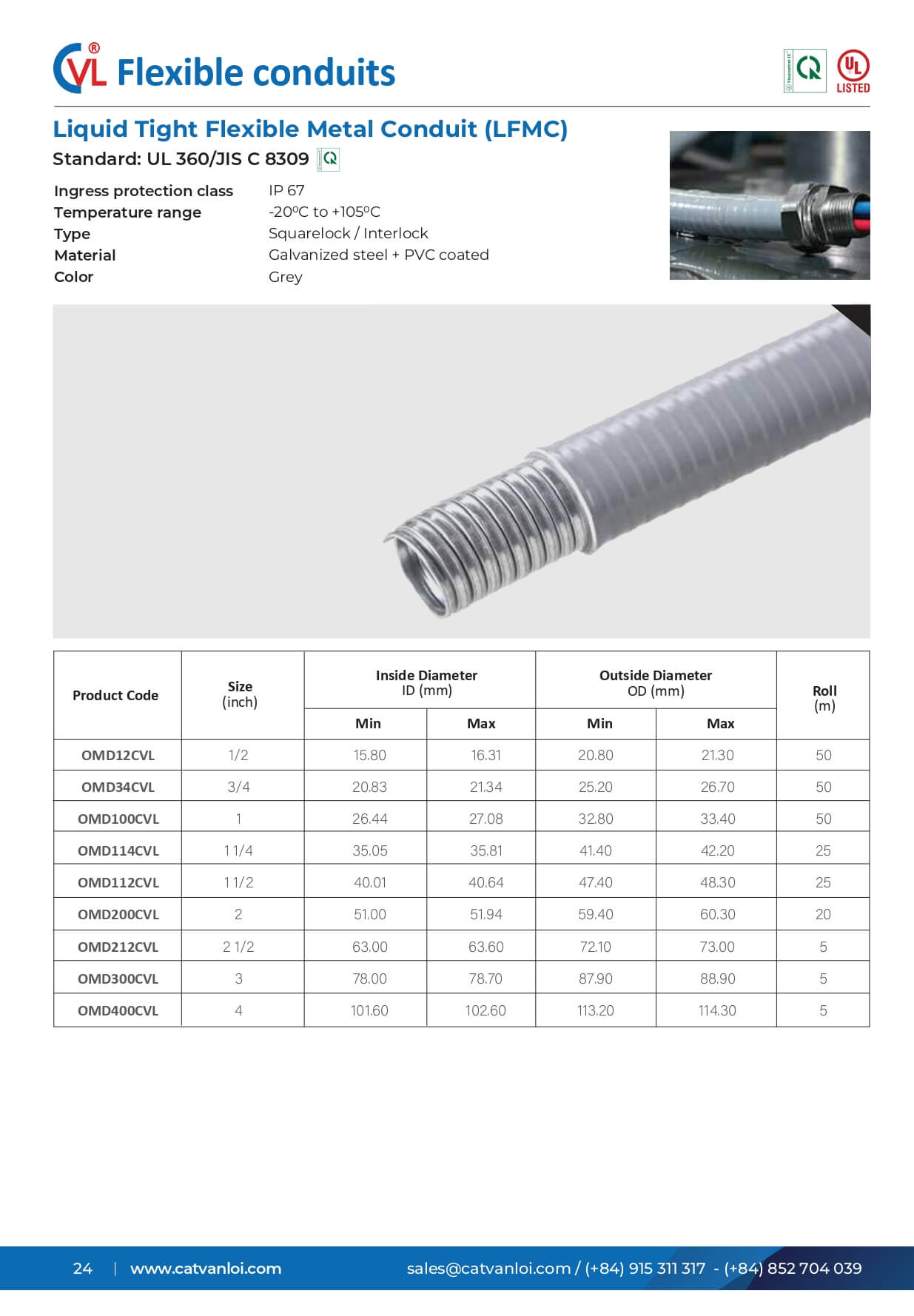 Ống ruột g&agrave; l&otilde;i th&eacute;p luồn d&acirc;y điện chống thấm nước v&agrave; dầu (LFMC)  chuẩn UL 360 v&agrave; JIS C 8309 có khả năng chống nước đạt chỉ số IP67
